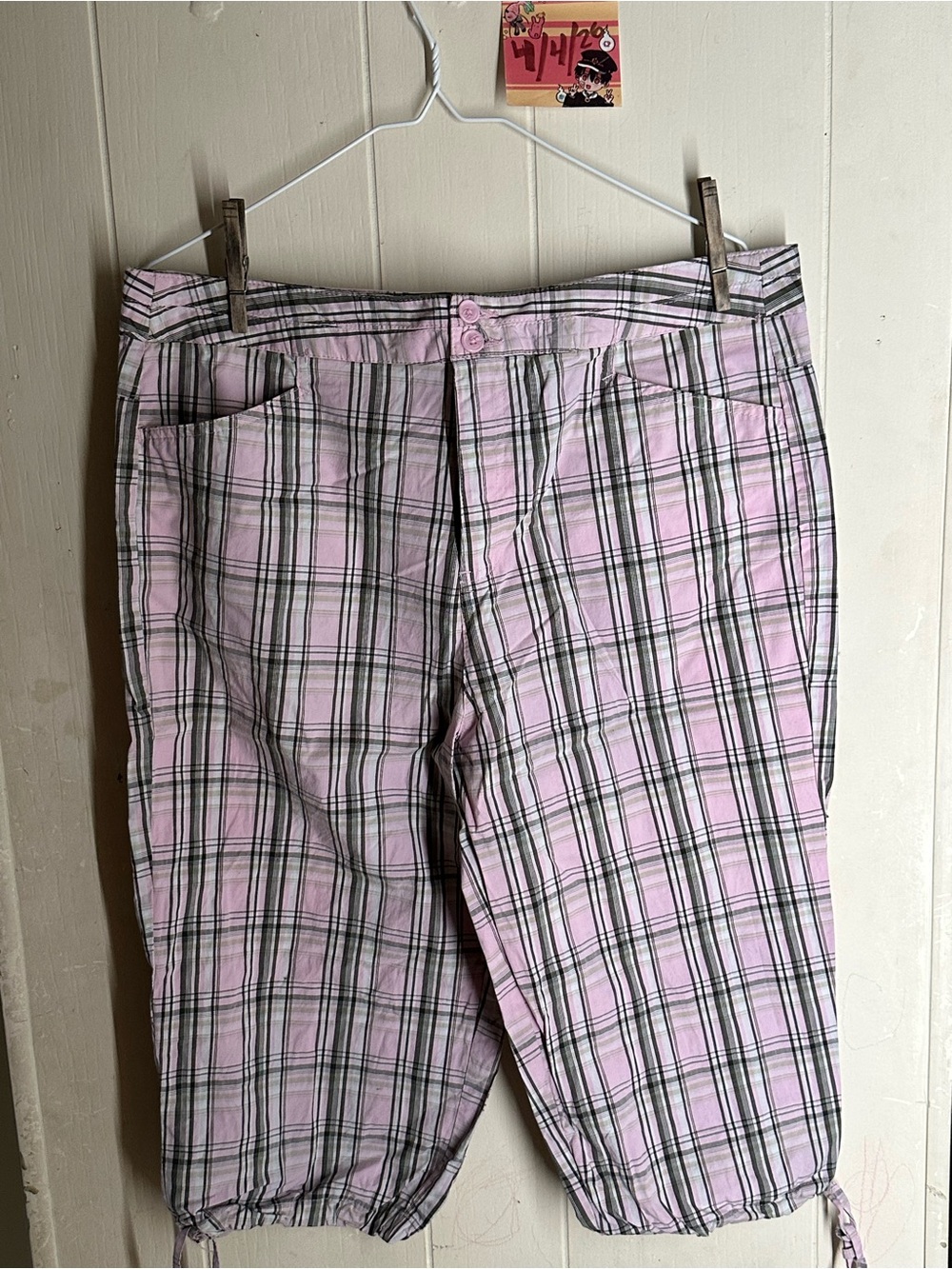 White Stag Light Pink and Black Plaid Cargo Capris